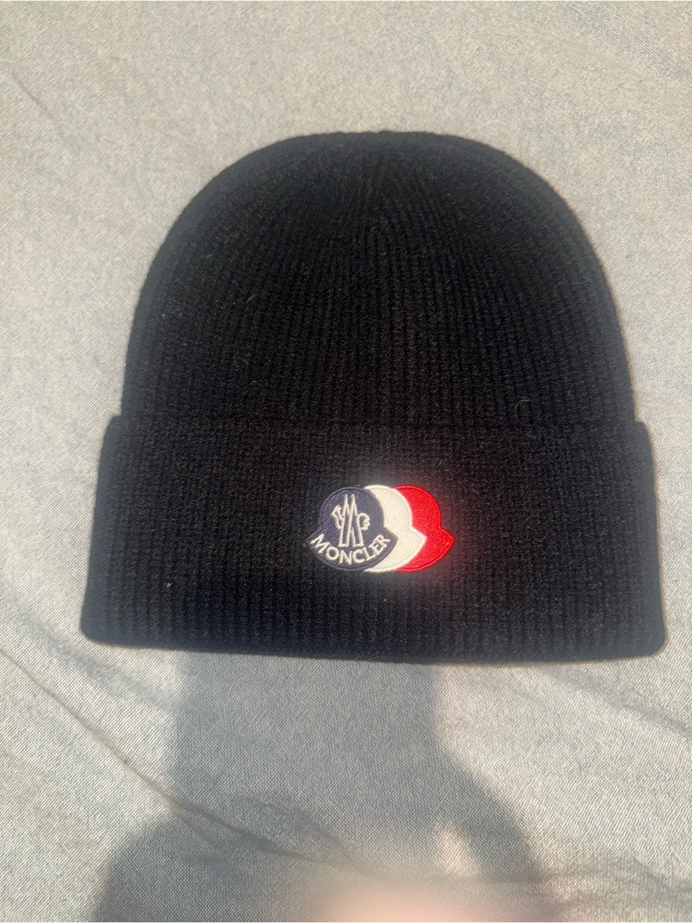 Moncler Black Ribbed Knit Beanie with Tricolor Logo Patch